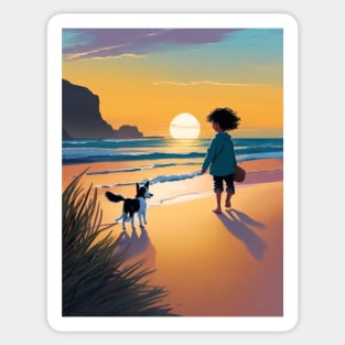 child playing with a dog on the beach. Sticker